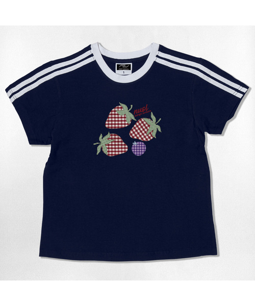 NOTUSUAL(ノットユージュアル)の「チェックストロベリーセミクロップ半袖Tシャツ6色(Tシャツ/カットソー・レディース・ピンク/ネイビー/ブラウン/ホワイト×グリーン/ホワイト×ブラック/スカイブルー・1(S))」の5枚目の写真