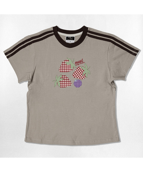 NOTUSUAL(ノットユージュアル)の「チェックストロベリーセミクロップ半袖Tシャツ6色(Tシャツ/カットソー・レディース・ピンク/ネイビー/ブラウン/ホワイト×グリーン/ホワイト×ブラック/スカイブルー・1(S))」の4枚目の写真