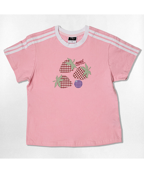 NOTUSUAL(ノットユージュアル)の「チェックストロベリーセミクロップ半袖Tシャツ6色(Tシャツ/カットソー・レディース・ピンク/ネイビー/ブラウン/ホワイト×グリーン/ホワイト×ブラック/スカイブルー・1(S))」の6枚目の写真