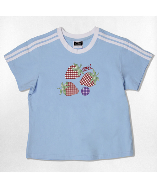 NOTUSUAL(ノットユージュアル)の「チェックストロベリーセミクロップ半袖Tシャツ6色(Tシャツ/カットソー・レディース・ピンク/ネイビー/ブラウン/ホワイト×グリーン/ホワイト×ブラック/スカイブルー・1(S))」の1枚目の写真