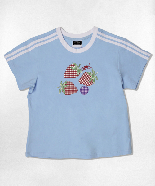 NOTUSUAL(ノットユージュアル)の「チェックストロベリーセミクロップ半袖Tシャツ6色(Tシャツ/カットソー・レディース・ピンク/ネイビー/ブラウン/ホワイト×グリーン/ホワイト×ブラック/スカイブルー・1(S))」の10枚目の写真
