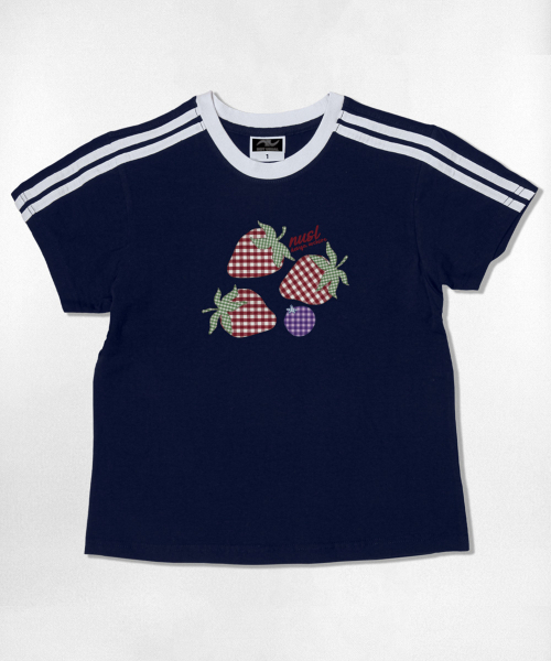 NOTUSUAL(ノットユージュアル)の「チェックストロベリーセミクロップ半袖Tシャツ6色(Tシャツ/カットソー・レディース・ピンク/ネイビー/ブラウン/ホワイト×グリーン/ホワイト×ブラック/スカイブルー・1(S))」の11枚目の写真