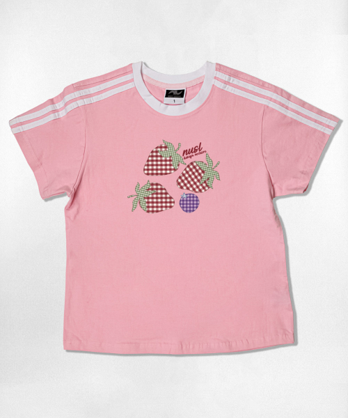 NOTUSUAL(ノットユージュアル)の「チェックストロベリーセミクロップ半袖Tシャツ6色(Tシャツ/カットソー・レディース・ピンク/ネイビー/ブラウン/ホワイト×グリーン/ホワイト×ブラック/スカイブルー・1(S))」の13枚目の写真