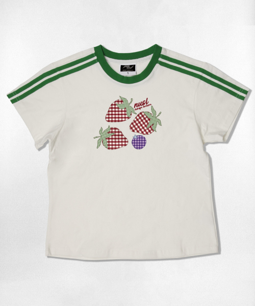 NOTUSUAL(ノットユージュアル)の「チェックストロベリーセミクロップ半袖Tシャツ6色(Tシャツ/カットソー・レディース・ピンク/ネイビー/ブラウン/ホワイト×グリーン/ホワイト×ブラック/スカイブルー・1(S))」の14枚目の写真