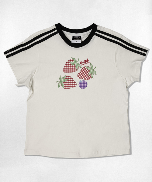 NOTUSUAL(ノットユージュアル)の「チェックストロベリーセミクロップ半袖Tシャツ6色(Tシャツ/カットソー・レディース・ピンク/ネイビー/ブラウン/ホワイト×グリーン/ホワイト×ブラック/スカイブルー・1(S))」の15枚目の写真