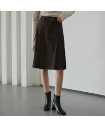 Belt Pleats Midi Skirt [Brown]