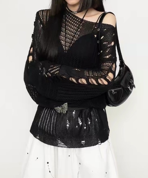 SHERU(シェル)の「【2 色展開】ダメージ透かし編みルーズニットトップス オフショルダー長袖シアーカーディガン レディースストリート重ね着(ニット/セーター・レディース・ホワイト/ブラック・F)」の6枚目の写真