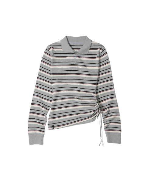 W. Striped Slim Shirred Polo [GRAY] SEWTS014GRAY — полосатое узкое поло с присборенной отделкой, серое