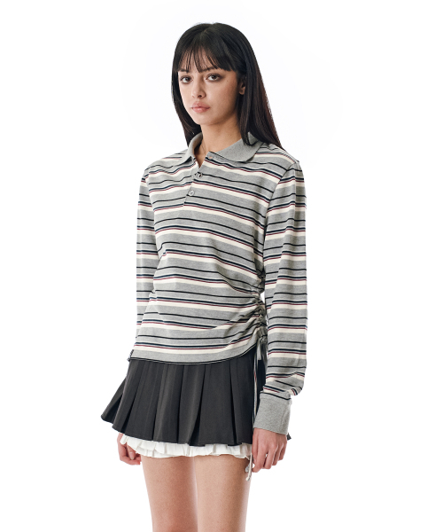 SECONDMONO（セカンドモノローグ）の「W.Striped Slim Shirred Polo [GRAY]_SEWTS014GRAY（ポロシャツ・レディース・その他・FREE）」の3枚目の写真