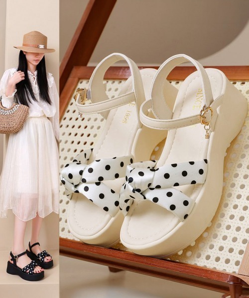 Miniministore(ミニミニストア)の「ドット柄リボン厚底サンダルレディース美脚(サンダル・レディース・ブラック/アイボリー・22.5cm/23.0cm/23.5cm/24.0cm/24.5cm)」の14枚目の写真