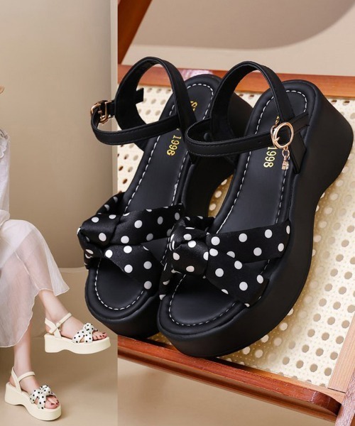 Miniministore(ミニミニストア)の「ドット柄リボン厚底サンダルレディース美脚(サンダル・レディース・ブラック/アイボリー・22.5cm/23.0cm/23.5cm/24.0cm/24.5cm)」の15枚目の写真