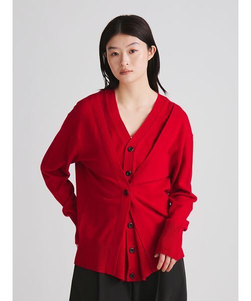 MIESROHE（ミースロエ）の「2WAYウールデザインカーデ（カーディガン/ボレロ・レディース・チャコールグレー/オフホワイト/レッド・F）」の4枚目の写真