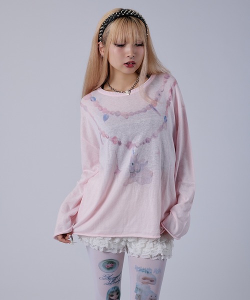 dollslutz(ドルズラッツ)の「【dollslutz】whimsical pony sheer knit /【ドルズラッツ】ウィムジカルポニーシアーニット(ニット/セーター・レディース・ピンク/ホワイト・FREE)」の6枚目の写真