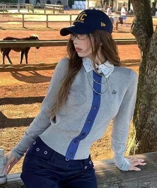 AVYL(アヴィル)の「ドット襟×デニムドッキング Vネックニットカーディガン(ニット/セーター・レディース・レッド/グレー・M)」の10枚目の写真