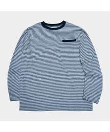 ストライプ配色ポケットディテール ラウンドネック オーバーサイズ コットン長袖Tシャツ_2COLOR