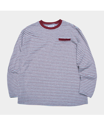 ストライプ配色ポケットディテール ラウンドネック オーバーサイズ コットン長袖Tシャツ_2COLOR