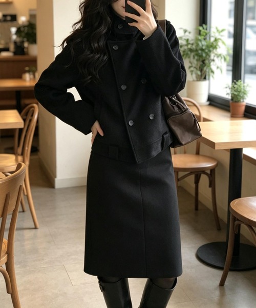 FAVORITO(ファヴォリート)の「スタンドカラーダブルブレストジャケット(ピーコート・レディース・ダークグレー/ブラック・F)」の15枚目の写真
