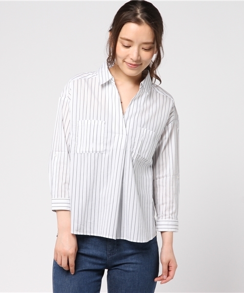 Honeys（ハニーズ）の「スキッパーブラウス（シャツ/ブラウス・レディース・ホワイト×グレー/ホワイト/ホワイト×パープル/ネイビー/ベージュ・M/L）」の2枚目の写真