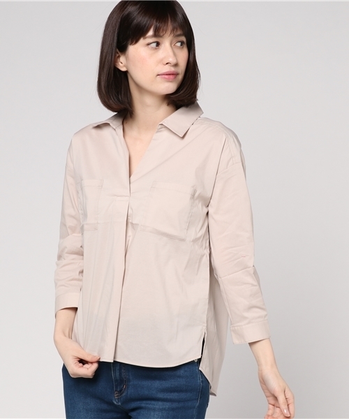 Honeys（ハニーズ）の「スキッパーブラウス（シャツ/ブラウス・レディース・ホワイト×グレー/ホワイト/ホワイト×パープル/ネイビー/ベージュ・M/L）」の4枚目の写真