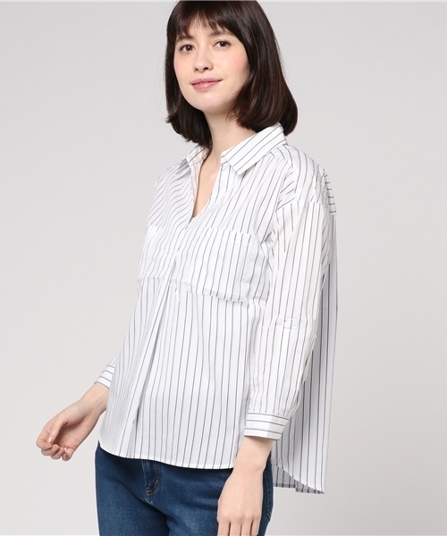 Honeys（ハニーズ）の「スキッパーブラウス（シャツ/ブラウス・レディース・ホワイト×グレー/ホワイト/ホワイト×パープル/ネイビー/ベージュ・M/L）」の3枚目の写真