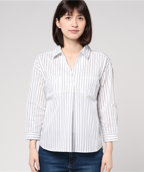 Honeys（ハニーズ）の「スキッパーブラウス（シャツ/ブラウス・レディース・ホワイト×グレー/ホワイト/ホワイト×パープル/ネイビー/ベージュ・M/L）」の6枚目の写真