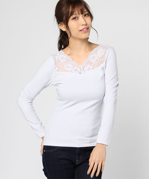 Honeys（ハニーズ）の「【前後Ｖカット】レース使いプルオーバー（Tシャツ/カットソー・レディース・ピンク/アイボリー/ブラック/ネイビー/サックスブルー・L/M/S）」の5枚目の写真