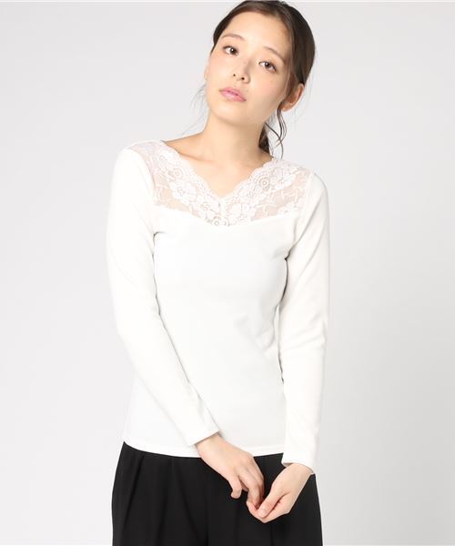 Honeys（ハニーズ）の「【前後Ｖカット】レース使いプルオーバー（Tシャツ/カットソー・レディース・ピンク/アイボリー/ブラック/ネイビー/サックスブルー・L/M/S）」の2枚目の写真