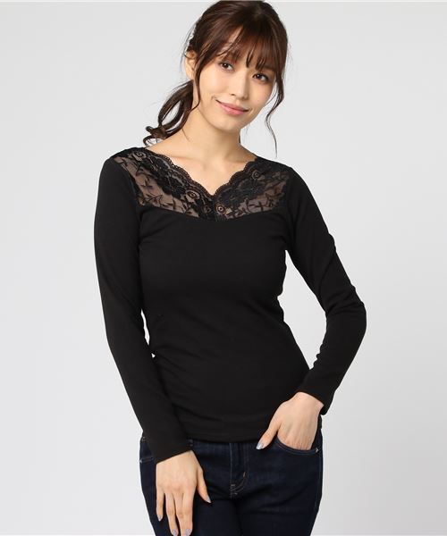 Honeys（ハニーズ）の「【前後Ｖカット】レース使いプルオーバー（Tシャツ/カットソー・レディース・ピンク/アイボリー/ブラック/ネイビー/サックスブルー・L/M/S）」の3枚目の写真