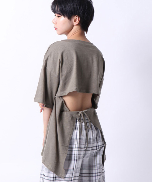 STYLEBLOCK（スタイルブロック）の「綿スラブバックリボンビッグシルエットカットソー（Tシャツ/カットソー・レディース・ブラック/チャコール/カーキ/オフホワイト/モカ・M）」の5枚目の写真