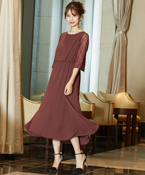 GIRL(ガール)の「バックレース&リボンシフォンミモレ丈フレア結婚式ワンピース - 二次会・成人式・同窓会・謝恩会・お呼ばれ対応フォーマルパーティードレス(ドレス)」|ボルドー