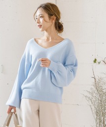 バックレースVネックニットトップス