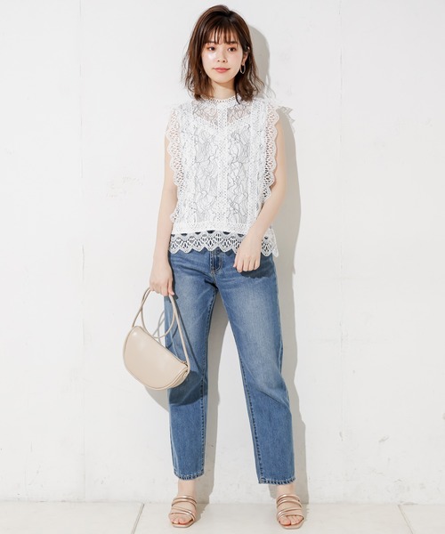 natural couture（ナチュラルクチュール）の「レース切替ノースリブラウス（シャツ/ブラウス・レディース・ブラック/サックスブルー/アイボリー/ホワイト×ブラック・FREE）」の8枚目の写真