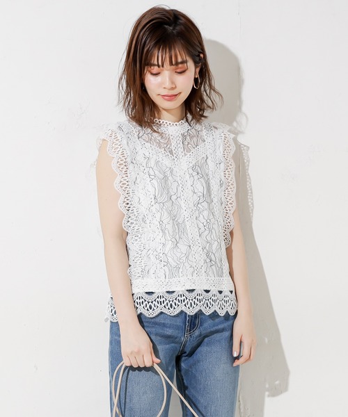 natural couture（ナチュラルクチュール）の「レース切替ノースリブラウス（シャツ/ブラウス・レディース・ブラック/サックスブルー/アイボリー/ホワイト×ブラック・FREE）」の9枚目の写真