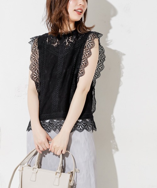 natural couture（ナチュラルクチュール）の「レース切替ノースリブラウス（シャツ/ブラウス・レディース・ブラック/サックスブルー/アイボリー/ホワイト×ブラック・FREE）」の13枚目の写真