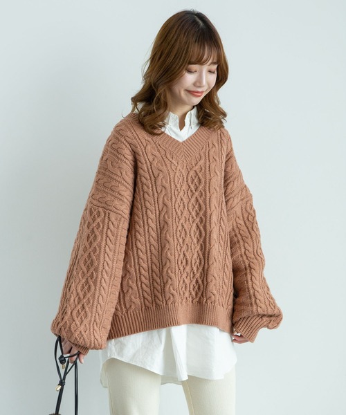 earth music&ecology（アースミュージックアンドエコロジー）の「【WEB限定】バックリボンケーブルニットプルオーバー ＊（ニット/セーター・レディース・ライトピンク/ミント/ベージュ/アイボリー・FREE）」の4枚目の写真