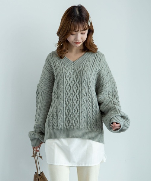 earth music&ecology（アースミュージックアンドエコロジー）の「【WEB限定】バックリボンケーブルニットプルオーバー ＊（ニット/セーター・レディース・ライトピンク/ミント/ベージュ/アイボリー・FREE）」の3枚目の写真