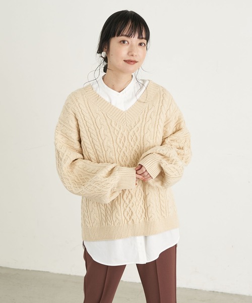 earth music&ecology（アースミュージックアンドエコロジー）の「【WEB限定】バックリボンケーブルニットプルオーバー ＊（ニット/セーター・レディース・ライトピンク/ミント/ベージュ/アイボリー・FREE）」の7枚目の写真