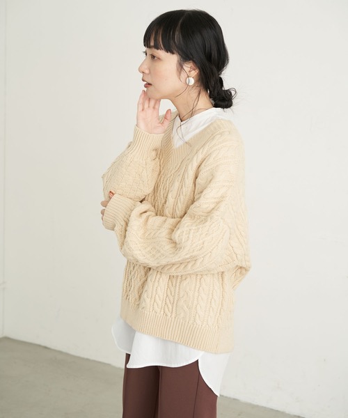 earth music&ecology（アースミュージックアンドエコロジー）の「【WEB限定】バックリボンケーブルニットプルオーバー ＊（ニット/セーター・レディース・ライトピンク/ミント/ベージュ/アイボリー・FREE）」の8枚目の写真