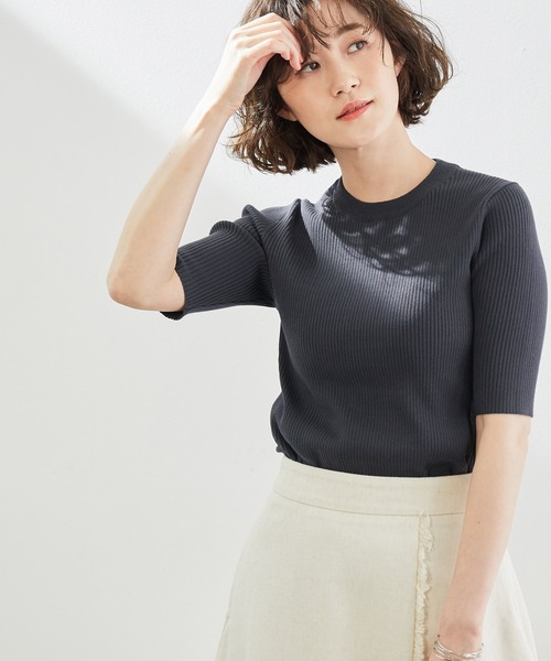 ROPE' PICNIC（ロペピクニック）の「【ORGANIC COTTON】リブ編み半袖プルオーバー（ニット/セーター・レディース・スミクロ/ベージュ系その他/ブルー系その他4/マスタード・38）」の2枚目の写真