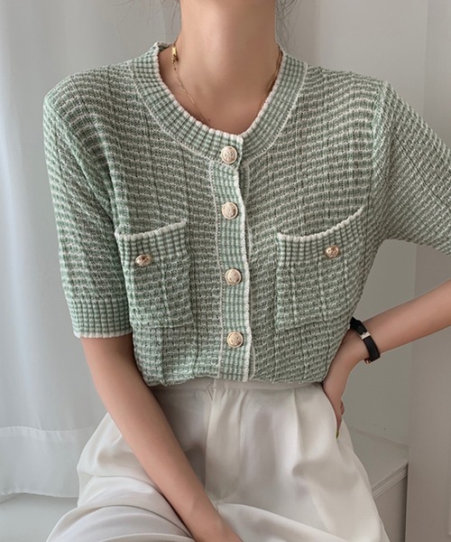 Girly Doll(ガーリードール)の「ツイードニットカーディガン(カーディガン/ボレロ・レディース・ピンク/イエロー/グリーン/パープル・FREE)」の7枚目の写真