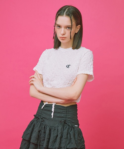 ☆韓国の人気☆【MNGU】☆CROPPED CRINKLE T-SHIR.T☆ CRANK/クランク』WRINKLE TYING CROP T/リンクルタイイング