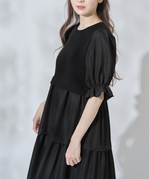 tocco closet(トッコ クローゼット)の「キャンディースリーブニットソードッキングティアードワンピース(ワンピース・レディース・ブラック/オフホワイト・M)」の7枚目の写真