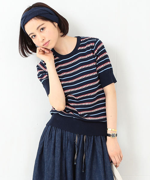 BEAMS BOY（ビームスボーイ）の「BEAMS BOY / 12ゲージ BOY ボーダー クルー ショートスリーブ（ニット/セーター・レディース・ナチュラル/グリーン/ネイビー・ONE SIZE）」の3枚目の写真