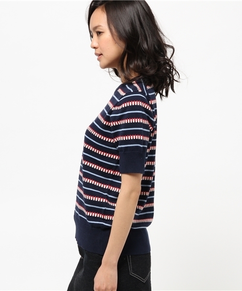 BEAMS BOY（ビームスボーイ）の「BEAMS BOY / 12ゲージ BOY ボーダー クルー ショートスリーブ（ニット/セーター・レディース・ナチュラル/グリーン/ネイビー・ONE SIZE）」の4枚目の写真