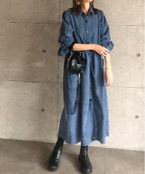 ABITOKYO(アビトーキョー)の「【ABITOKYO ORIGINAL】コーデュロイパフスリーブシャツワンピース(ワンピース・レディース・ネイビー/グリーン/ブルー・FREE)」の3枚目の写真