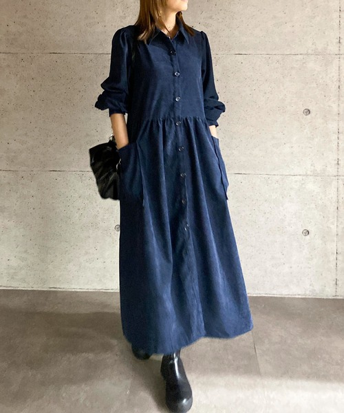 ABITOKYO(アビトーキョー)の「【ABITOKYO ORIGINAL】コーデュロイパフスリーブシャツワンピース(ワンピース・レディース・ネイビー/グリーン/ブルー・FREE)」の4枚目の写真