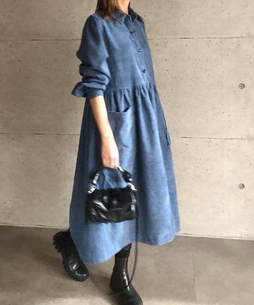 ABITOKYO(アビトーキョー)の「【ABITOKYO ORIGINAL】コーデュロイパフスリーブシャツワンピース(ワンピース・レディース・ネイビー/グリーン/ブルー・FREE)」の9枚目の写真