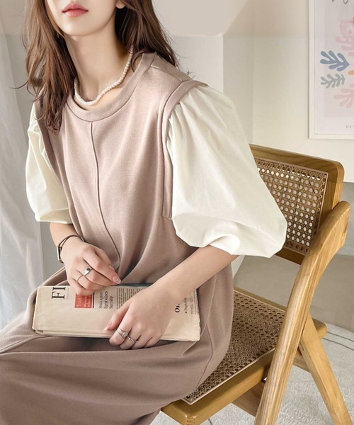 classicalelf（クラシカルエルフ）の「旬顔、ぽわん袖。異素材ドッキングワンピース（ワンピース・レディース・ブラック/ベージュ/ブラック系その他/ブラック系その他2/ブラック系その他3/モカ・MEDIUM/LARGE/X-LARGE/SMALL）」の6枚目の写真