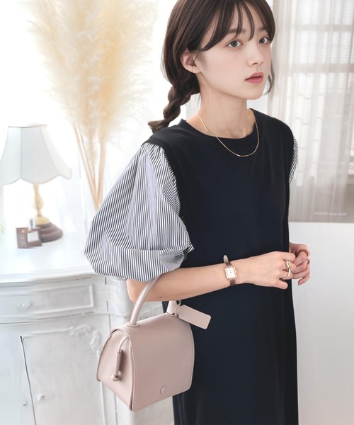 セール】旬顔、ぽわん袖。異素材ドッキングワンピース（ワンピース