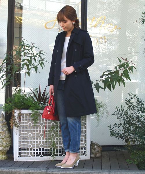 Canaria style トレンチコート レディース　ネイビー Canaria Style】コットンナイロンスリットデザイントレンチ